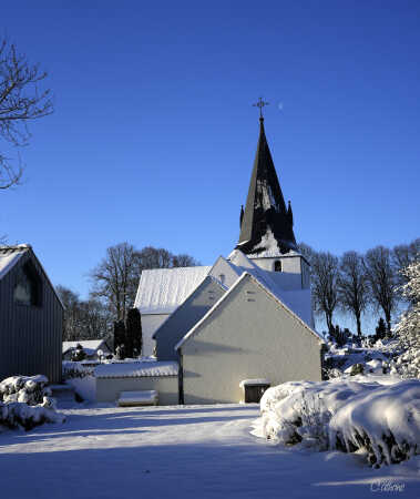 Månen skimtes ved Rise Kirke.